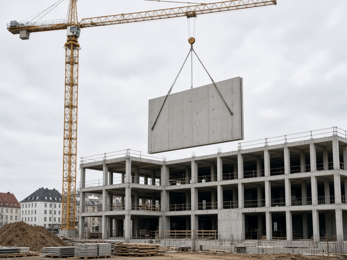 Ilustracja zastępcza: żuraw podnosi prefabrykowaną płytę przy konstrukcji budynku. To nie jest zdjęcie realizacji UNI-PARK.
